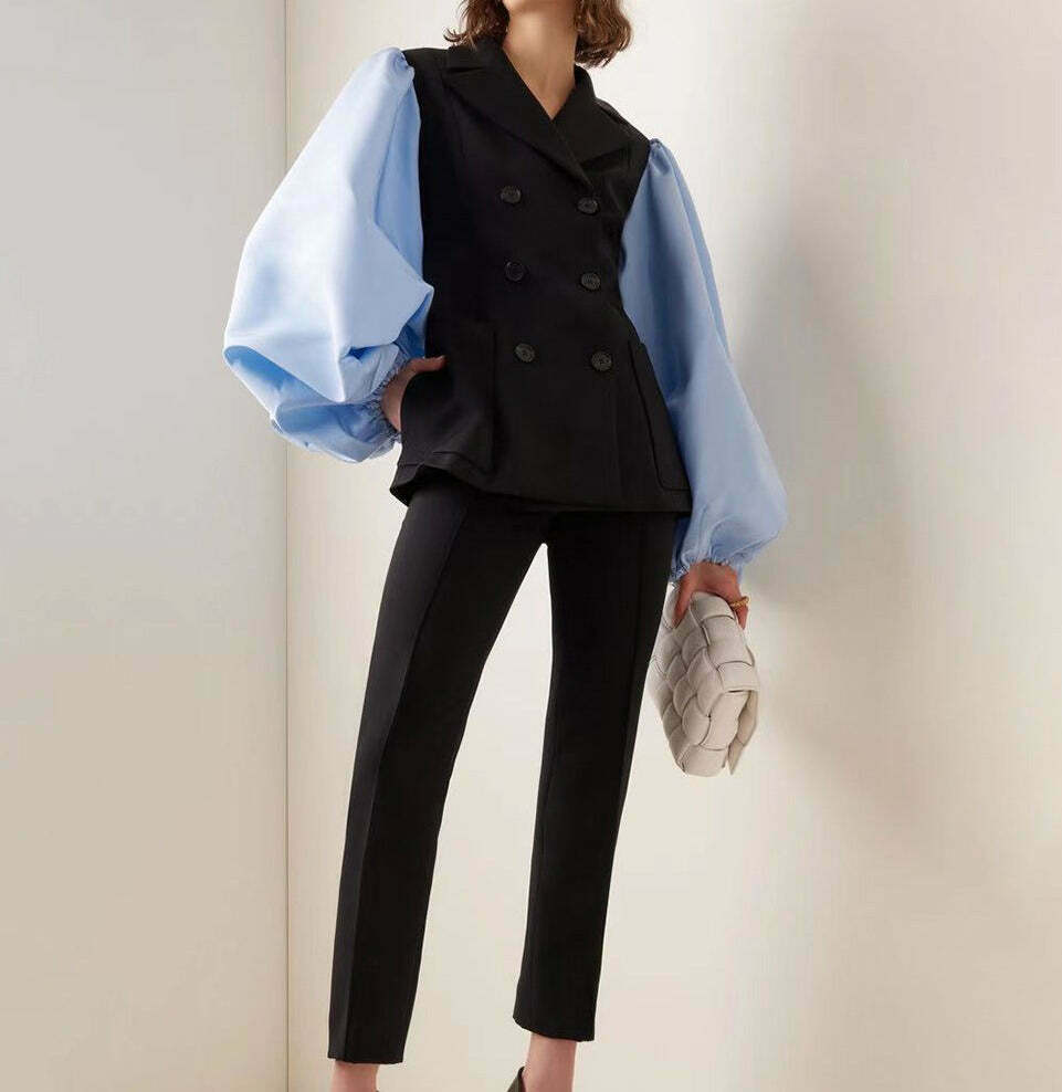 Y2K Aesthetic Patch Vest Suit with Blouse and Pant - Coquette Grunge Fashion for Women