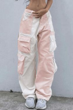 Y2K Aesthetic Patchwork Corduroy Cargo Pants for Women - Coquette Style Grunge Fashion with a Twist