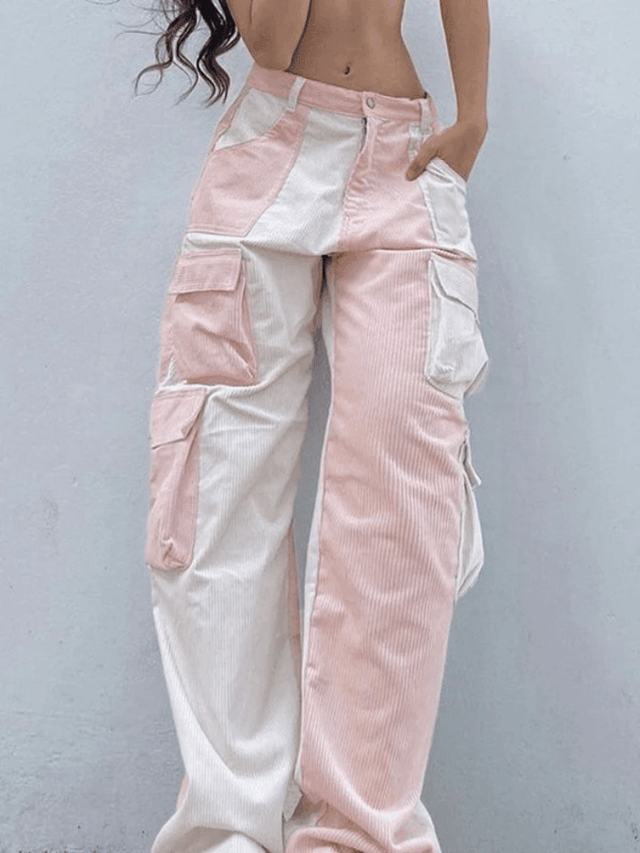 Y2K Aesthetic Patchwork Corduroy Cargo Pants for Women - Coquette Style Grunge Fashion with a Twist