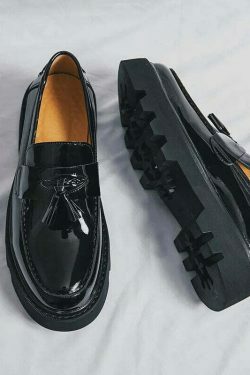 Y2K Aesthetic Patent Tassel Loafers - Coquette Grunge with Old Money E