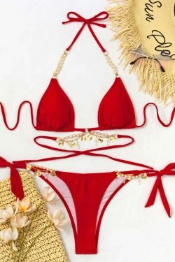 Y2K Aesthetic Pearl Crystal Pendant Strap Swimsuit for Niche Women Fashion