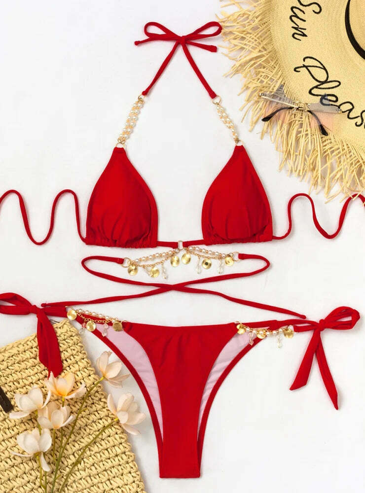 Y2K Aesthetic Pearl Crystal Pendant Strap Swimsuit for Niche Women Fashion Y2K Aesthetic Pearl Crystal Pendant Strap Swimsuit for Niche Women Fashion