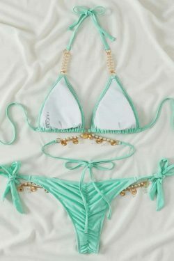 Y2K Aesthetic Pearl Crystal Pendant Strap Swimsuit for Niche Women Fashion