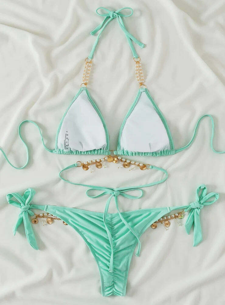 Y2K Aesthetic Pearl Crystal Pendant Strap Swimsuit for Niche Women Fashion Y2K Aesthetic Pearl Crystal Pendant Strap Swimsuit for Niche Women Fashion