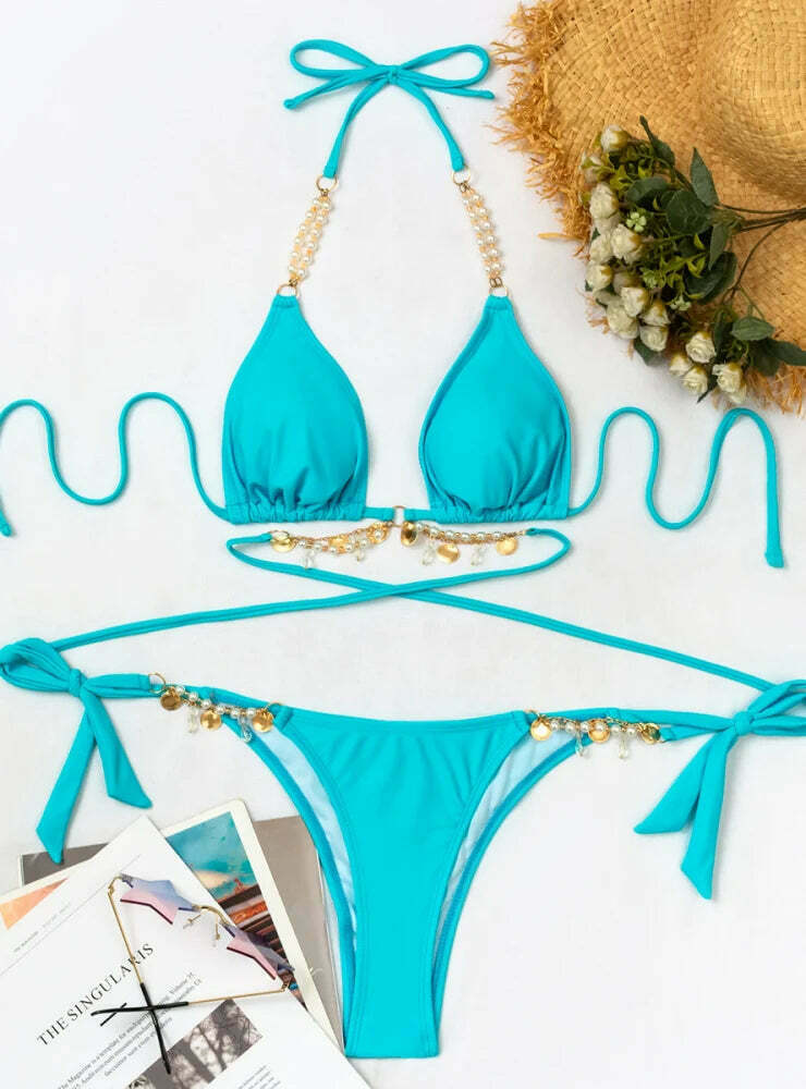 Y2K Aesthetic Pearl Crystal Pendant Strap Swimsuit for Niche Women Fashion Y2K Aesthetic Pearl Crystal Pendant Strap Swimsuit for Niche Women Fashion