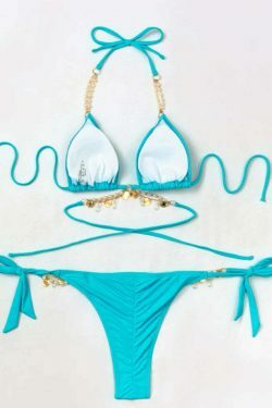 Y2K Aesthetic Pearl Crystal Pendant Strap Swimsuit for Niche Women Fashion