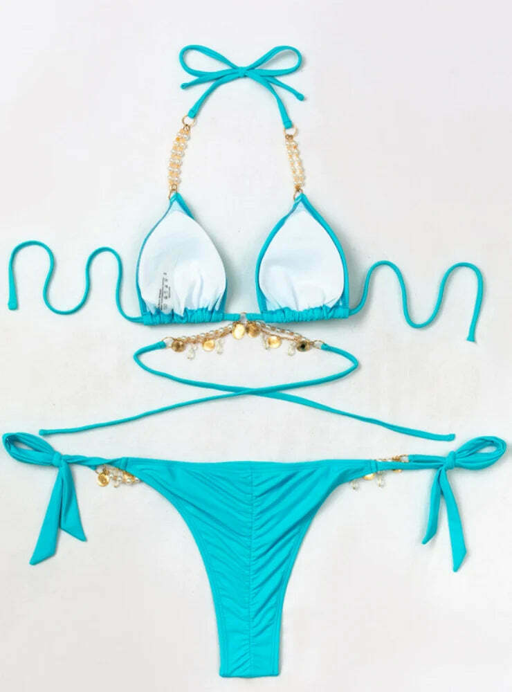 Y2K Aesthetic Pearl Crystal Pendant Strap Swimsuit for Niche Women Fashion Y2K Aesthetic Pearl Crystal Pendant Strap Swimsuit for Niche Women Fashion