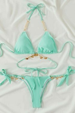 Y2K Aesthetic Pearl Crystal Pendant Strap Swimsuit for Niche Women Fashion