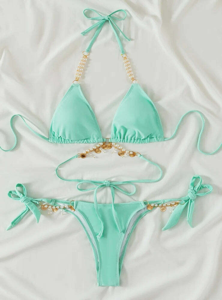 Y2K Aesthetic Pearl Crystal Pendant Strap Swimsuit for Niche Women Fashion Y2K Aesthetic Pearl Crystal Pendant Strap Swimsuit for Niche Women Fashion