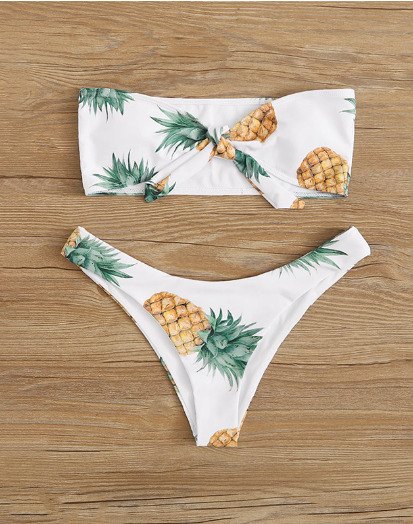 Y2K Aesthetic Pineapple Print White Tube Top Bikini for Women - Coquette Style Grunge Fashion Y2K Aesthetic Pineapple Print White Tube Top Bikini for Women - Coquette Style Grunge Fashion