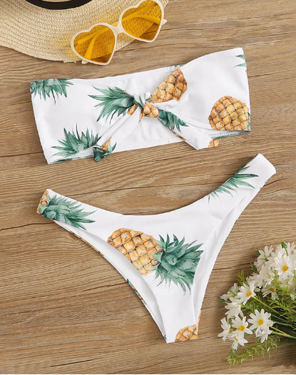 Y2K Aesthetic Pineapple Print White Tube Top Bikini for Women - Coquette Style Grunge Fashion Y2K Aesthetic Pineapple Print White Tube Top Bikini for Women - Coquette Style Grunge Fashion