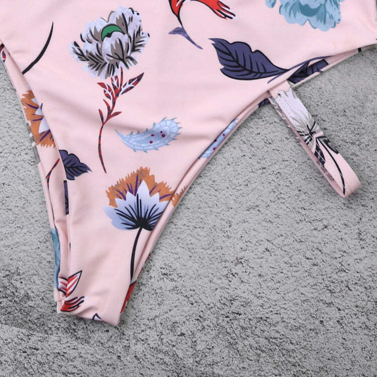 Y2K Aesthetic Pink Leaf Swimsuit with Criss Cross Design Y2K Aesthetic Pink Leaf Swimsuit with Criss Cross Design
