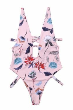 Y2K Aesthetic Pink Leaf Swimsuit with Criss Cross Design