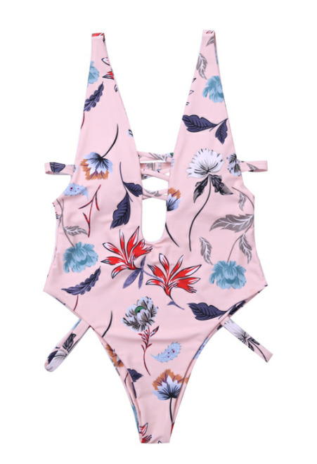 Y2K Aesthetic Pink Leaf Swimsuit with Criss Cross Design Y2K Aesthetic Pink Leaf Swimsuit with Criss Cross Design