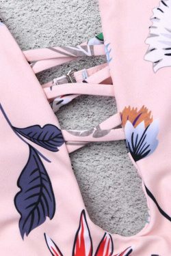 Y2K Aesthetic Pink Leaf Swimsuit with Criss Cross Design