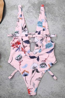 Y2K Aesthetic Pink Leaf Swimsuit with Criss Cross Design