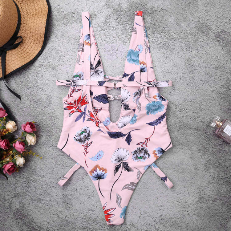 Y2K Aesthetic Pink Leaf Swimsuit with Criss Cross Design Y2K Aesthetic Pink Leaf Swimsuit with Criss Cross Design