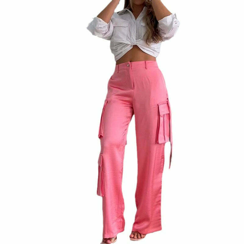 Y2K Aesthetic Pink Parachute Pants & White Short Shirt - Coquette Fashion for Women