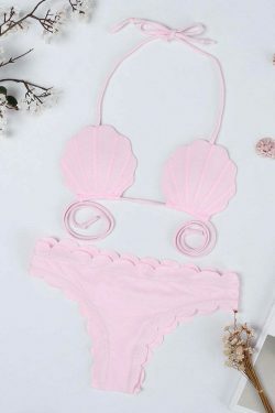 Y2K Aesthetic Pink Shell Wave Halter String Backless Bikini Swimsuit