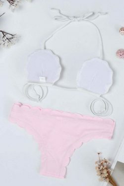 Y2K Aesthetic Pink Shell Wave Halter String Backless Bikini Swimsuit