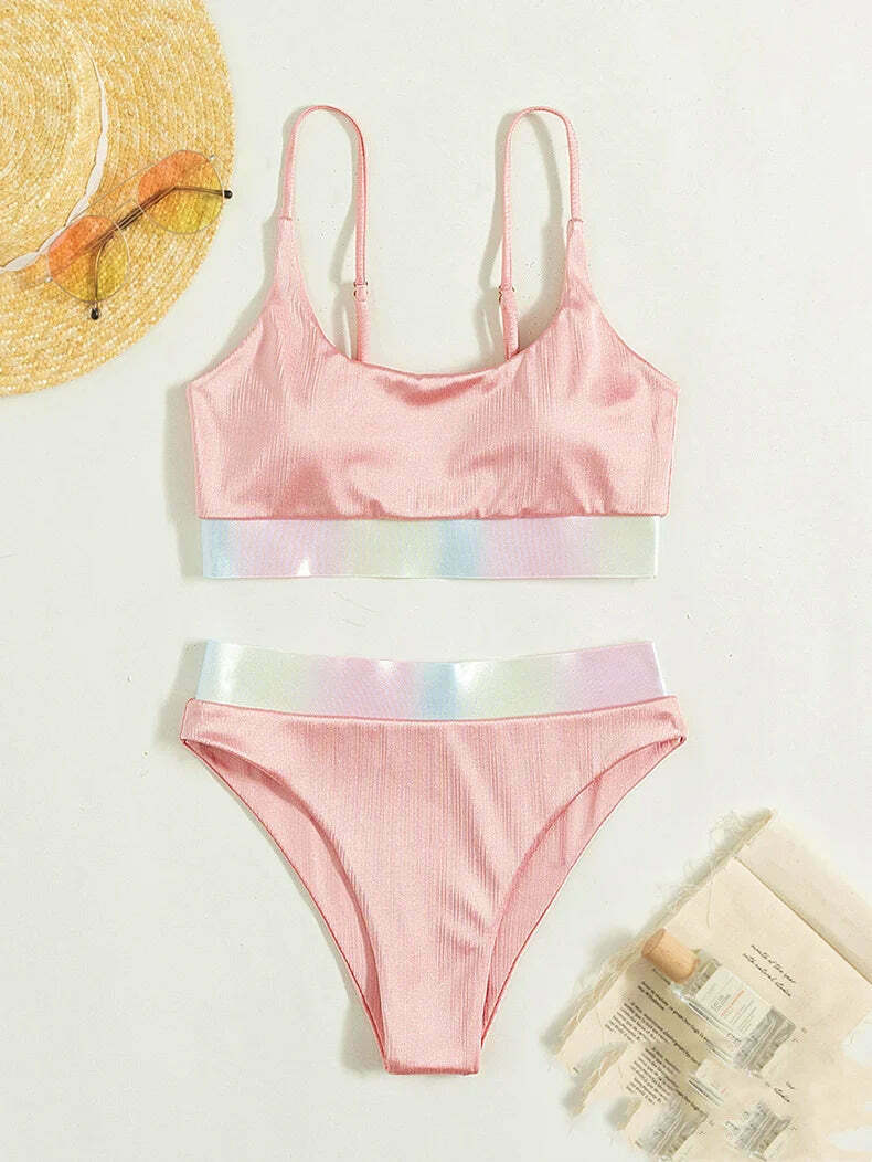 Y2K Aesthetic Pink Split High Waist Bikini for Women Y2K Aesthetic Pink Split High Waist Bikini for Women