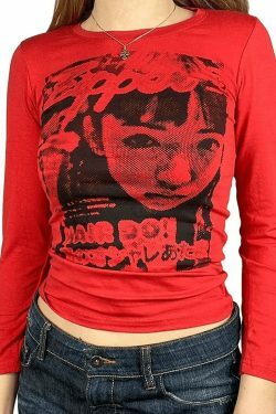 Y2K Aesthetic Pixel Face Print Long Sleeve Tee for Women - Coquette & Grunge Style Fashion