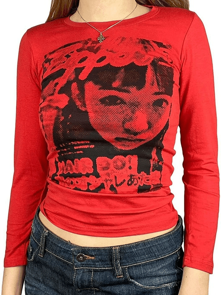 Y2K Aesthetic Pixel Face Print Long Sleeve Tee for Women - Coquette & Grunge Style Fashion Y2K Aesthetic Pixel Face Print Long Sleeve Tee for Women - Coquette & Grunge Style Fashion