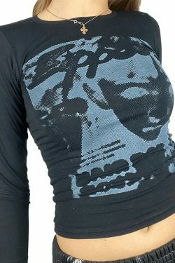 Y2K Aesthetic Pixel Face Print Long Sleeve Tee for Women - Coquette & Grunge Style Fashion
