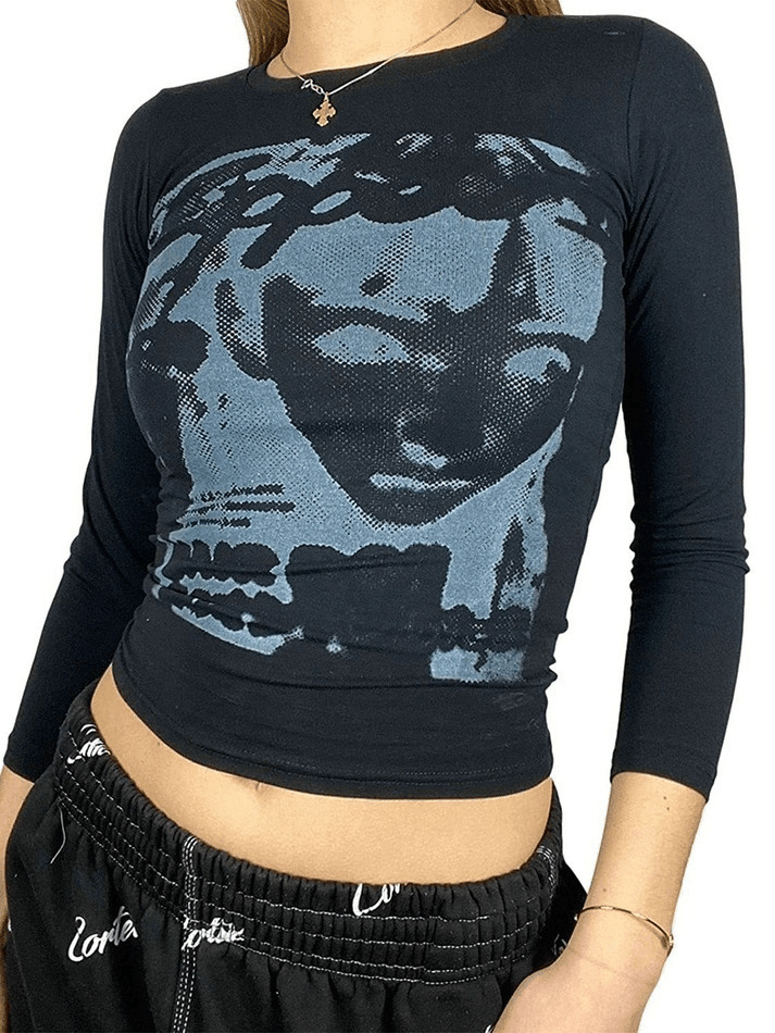 Y2K Aesthetic Pixel Face Print Long Sleeve Tee for Women - Coquette & Grunge Style Fashion Y2K Aesthetic Pixel Face Print Long Sleeve Tee for Women - Coquette & Grunge Style Fashion