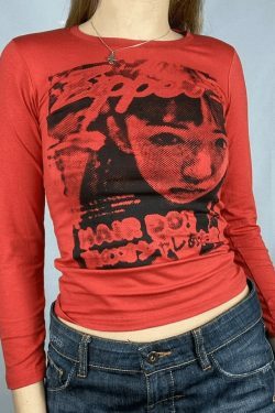 Y2K Aesthetic Pixel Face Print Long Sleeve Tee for Women - Coquette & Grunge Style Fashion