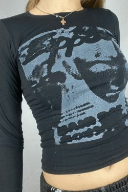 Y2K Aesthetic Pixel Face Print Long Sleeve Tee for Women - Coquette & Grunge Style Fashion