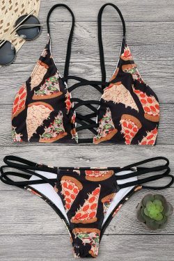 Y2K Aesthetic Pizza Print Lattice Thong Bikini Set