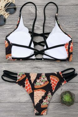 Y2K Aesthetic Pizza Print Lattice Thong Bikini Set