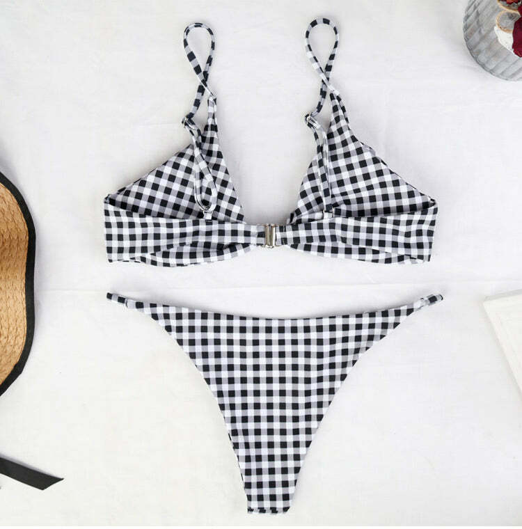 Y2K Aesthetic Plaid Strappy Bikini Set - Coquette Style for Women's Fashion Y2K Aesthetic Plaid Strappy Bikini Set - Coquette Style for Women's Fashion