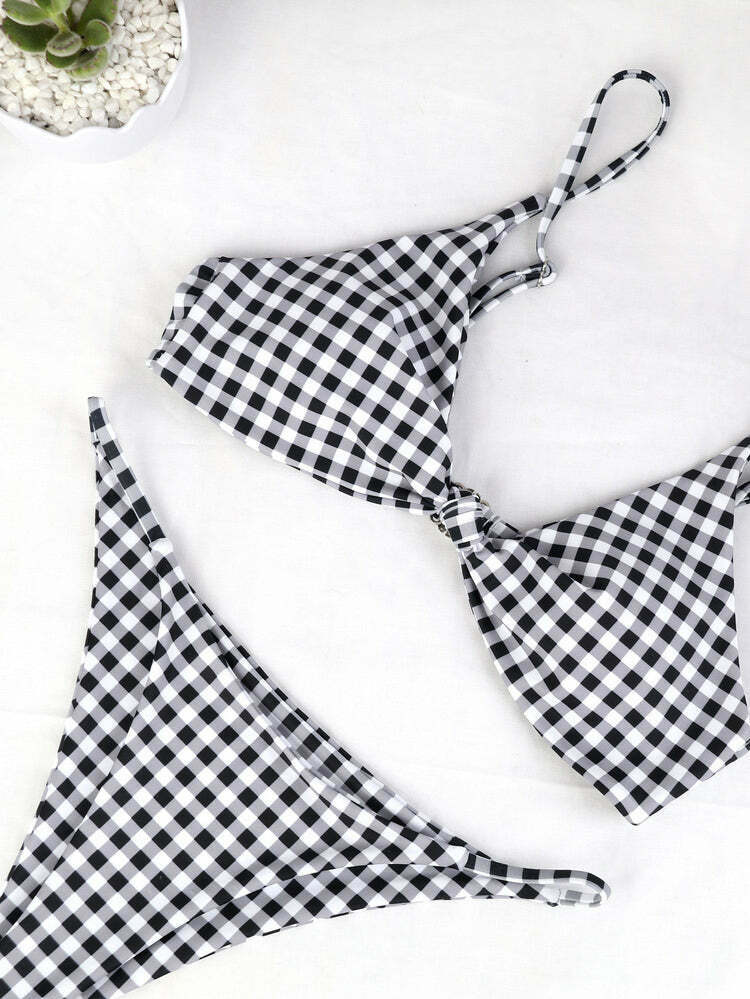 Y2K Aesthetic Plaid Strappy Bikini Set - Coquette Style for Women's Fashion Y2K Aesthetic Plaid Strappy Bikini Set - Coquette Style for Women's Fashion