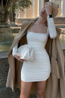 Y2K Aesthetic Pleated Dress: Coquette Style Slim Fit Long Sleeve Outfit for Women