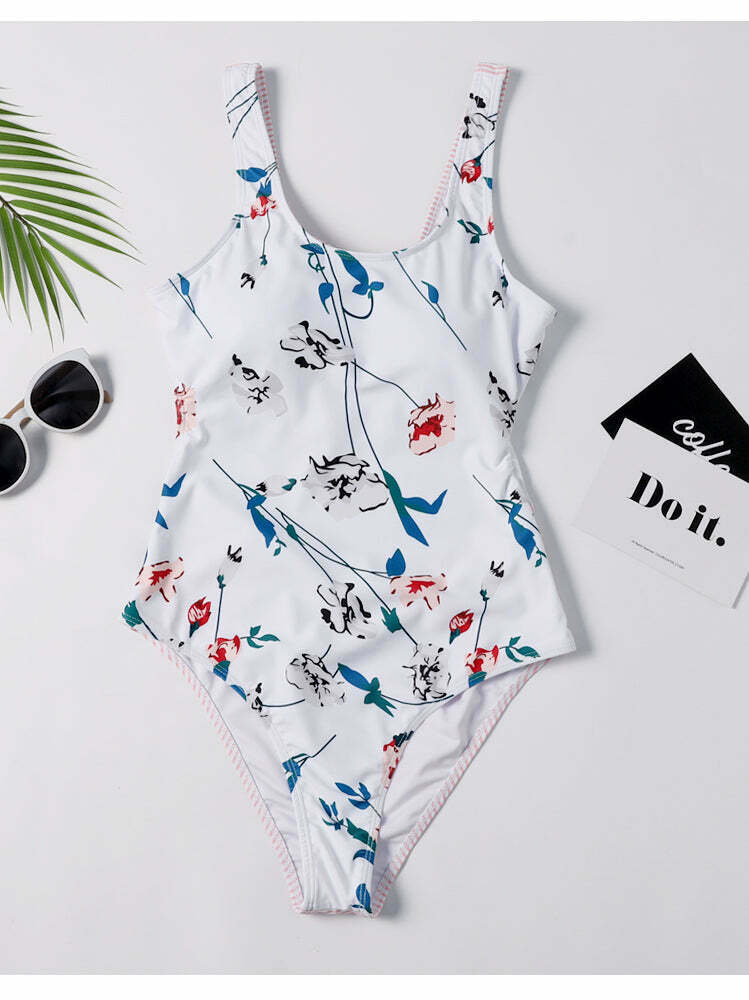 Y2K Aesthetic Plunge Knot Flower Striped Print Swimsuit Y2K Aesthetic Plunge Knot Flower Striped Print Swimsuit