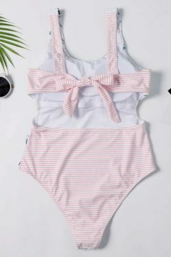 Y2K Aesthetic Plunge Knot Flower Striped Print Swimsuit