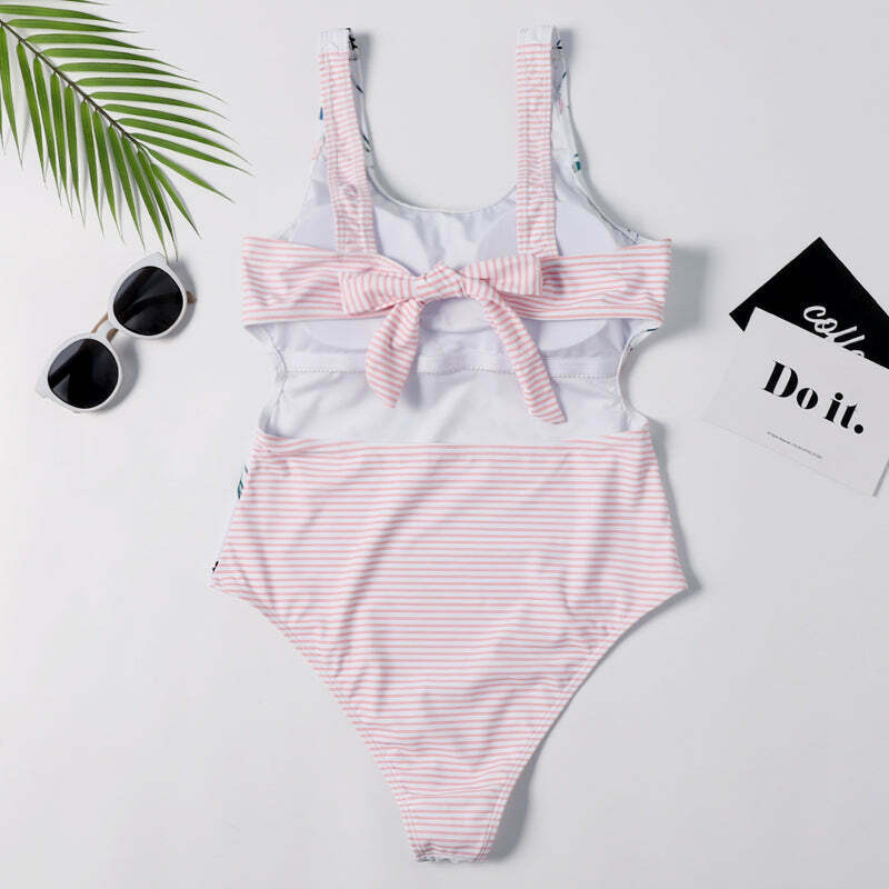 Y2K Aesthetic Plunge Knot Flower Striped Print Swimsuit Y2K Aesthetic Plunge Knot Flower Striped Print Swimsuit