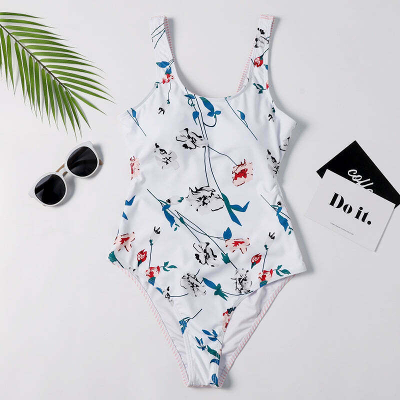 Y2K Aesthetic Plunge Knot Flower Striped Print Swimsuit Y2K Aesthetic Plunge Knot Flower Striped Print Swimsuit