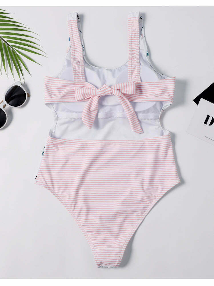 Y2K Aesthetic Plunge Knot Flower Striped Print Swimsuit Y2K Aesthetic Plunge Knot Flower Striped Print Swimsuit