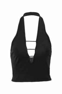 Y2K Aesthetic Plunge Neck Cutout Halter Vest - Coquette Grunge with Pastel Goth Touch