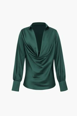 Y2K Aesthetic Plunge Neckline Satin Blouse for Women - Coquette Style Cute Tops & Grunge Fashion