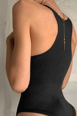 Y2K Aesthetic Plunge V-Neck Sleeveless Bodysuit in Coquette Style