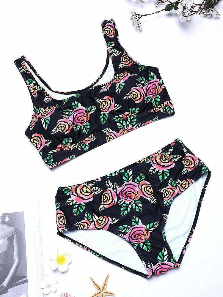 Y2K Aesthetic Plus Size High Waist Printed T-shirt Bikini Suit Y2K Aesthetic Plus Size High Waist Printed T-shirt Bikini Suit