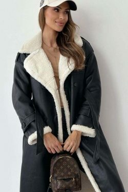 Y2K Aesthetic Plush Coat: Coquette Style Leather Jacket for Women - Grunge Fashion Statement Piece