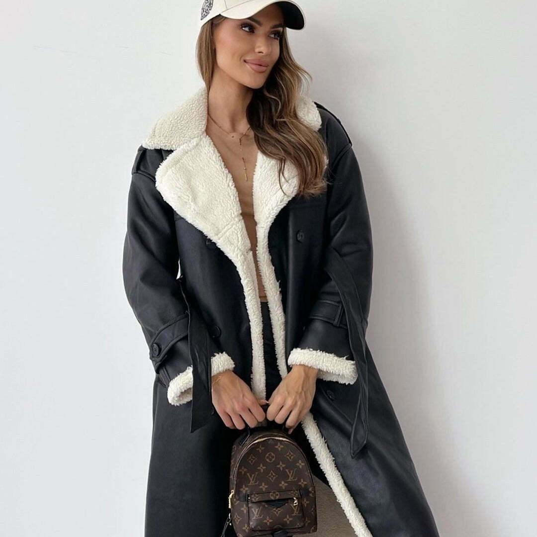 Y2K Aesthetic Plush Coat: Coquette Style Leather Jacket for Women - Grunge Fashion Statement Piece Y2K Aesthetic Plush Coat: Coquette Style Leather Jacket for Women - Grunge Fashion Statement Piece