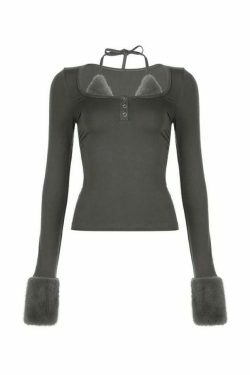 Y2K Aesthetic Plush Splice Halter Top with Long Sleeves