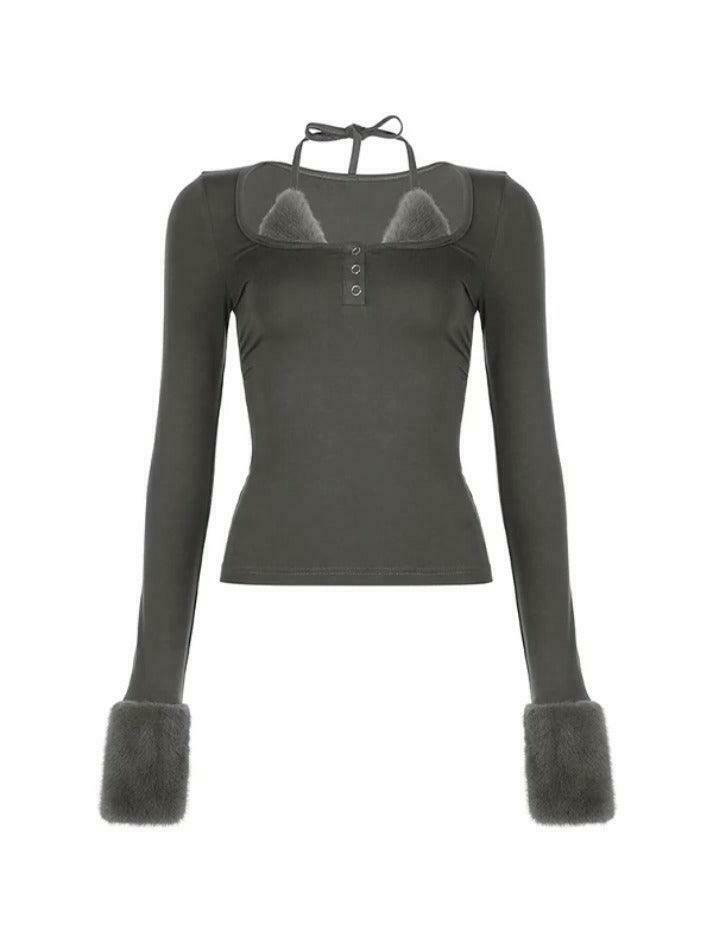 Y2K Aesthetic Plush Splice Halter Top with Long Sleeves Y2K Aesthetic Plush Splice Halter Top with Long Sleeves