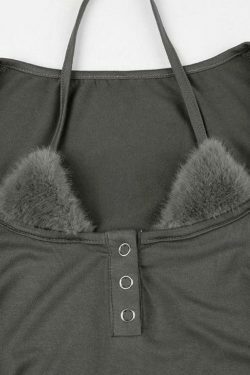 Y2K Aesthetic Plush Splice Halter Top with Long Sleeves